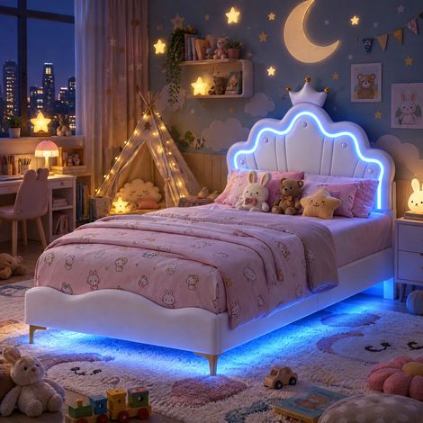 JOOKGBD-Kinderbett Polsterbett 90x200 cm,Einzelbett mit Höhenverstellbares Prinzessinnenkronen-Kopfteil und LED,Jugendbett, Lattenrost,Jugendbett skandinavischer Stil,PU-Leder,Weiß,ohne Matratze