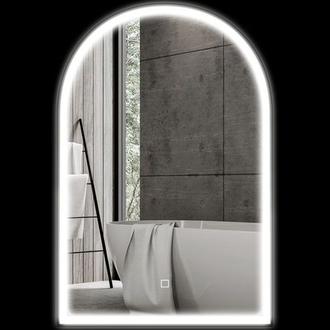 Miroir de salle de bain LED 90 x 60cm, mural, 3 couleurs, arqué cadre en aluminium, désembuage et interrupteur tactile (1/5)