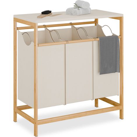 Relaxdays Cesto Ropa Sucia con 3 Sacos Extraíbles, Mueble Colada, Tapa Abatible, 84,5x78,5x40 cm, Bambú, Natural y Crema