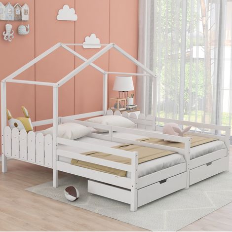 Letto doppio 200x90 cm in pino e MDF bianco con 2 cassetti, bambini, senza materasso – MEUBLIV (1/5)