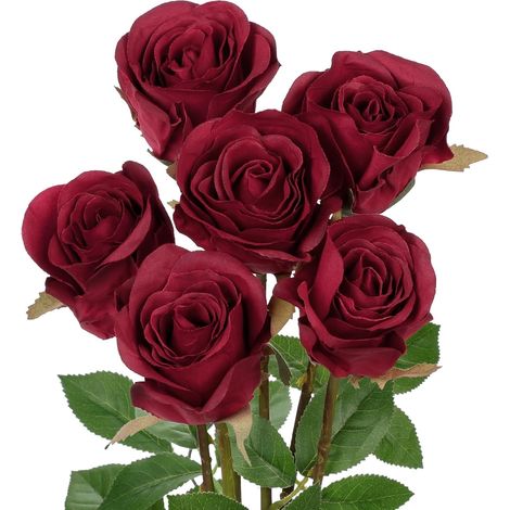 Lot de 6 roses artificielles en soie rouge bordeaux avec tiges de 48 cm - Fleurs réalistes en soie - Bouquet de mariée pour décoration de maison, mariage, fête (1/5)