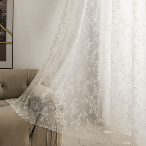 Lot de 2 Rideaux en Dentelle Ivoire de 213 cm de Long, Panneaux Transparents brodés à Motif Floral Vintage pour Chambre à Coucher, Salon, Cuisine, décoration de Noël rétro, Passe-Tringle (1/5)