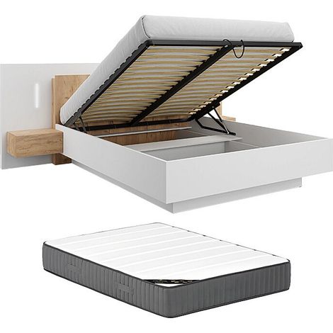 Letto con contenitore con comodini 160 x 200 cm 2 cassetti Con LED Bianco e naturale + Materasso - FRANCOLI