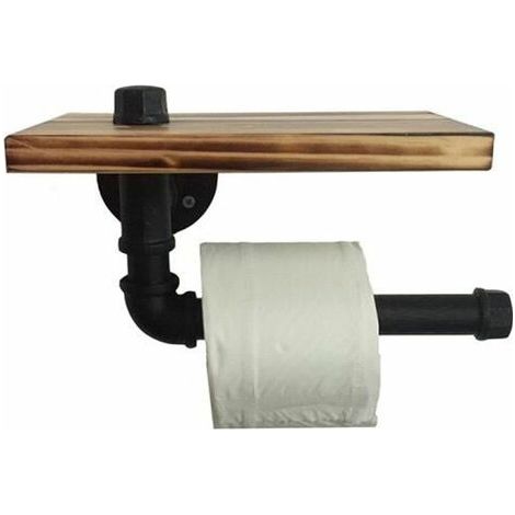 Porte-rouleau en Papier Toilette Design Rétro Métal Tube Étagère Ensemble de Rangement avec Plateau en bois Noir (1/3)