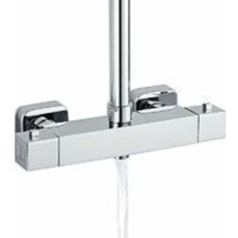 Brause-Einlochbatterie, Thermostat-Brausebatterie 2 Verbraucher, 3/4 (26,4 mm) Abgang oben und 1/2 (21 mm) Abgang unten, eckig, Messing, Chrom (1/4)