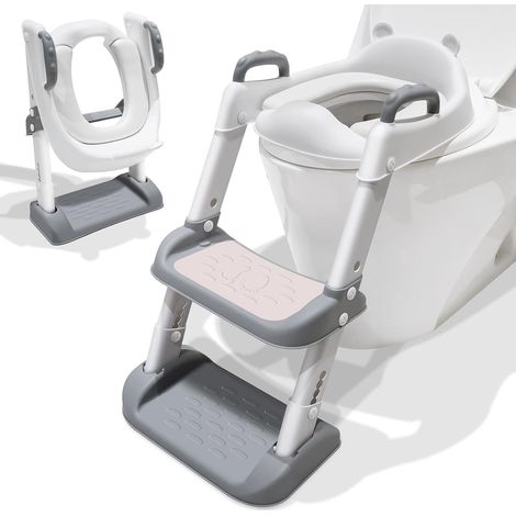 Riduttore per WC per bambini piccoli, riduttore per vasino per bambini piccoli, tappetino antiscivolo con maniglie, altezza regolabile, sgabello pieghevole, grigio