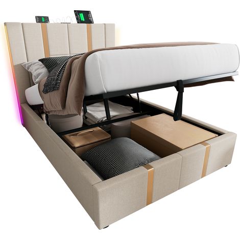 Lit coffre capitonné 90x200 cm avec LED RGB, charge USB et USB-C, matelas inclus, tissu beige et cadre à lattes, CHICFURN (1/5)