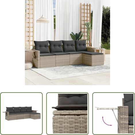 vidaXL Rattanmöbel - 5-tlg. Garten-Sofagarnitur mit Kissen Hellgrau Poly Rattan (1/5)