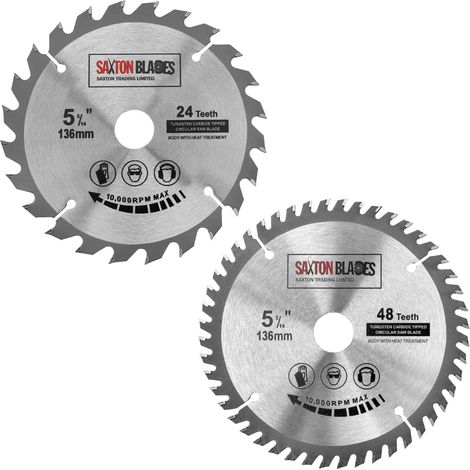 Saxton TCT lame de scie circulaire pour le bois 136 mm x 20 mm (16 mm bague) 24 et 48 dents compatible avec Bosch Makita etc - Pack of 2 (1/5)