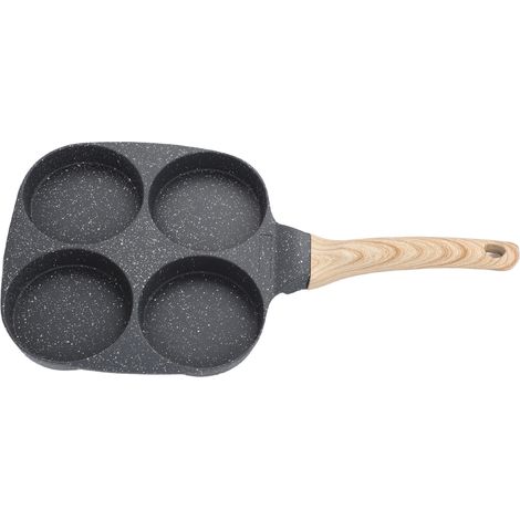 Poêle à œufs en aluminium pour 4 œufs, revêtement antiadhésif, idéale pour faire bouillir des œufs, cuire des crêpes et facile à nettoyer. Manche en bois, compatible avec les plaques de cuisson à gaz (1/5)
