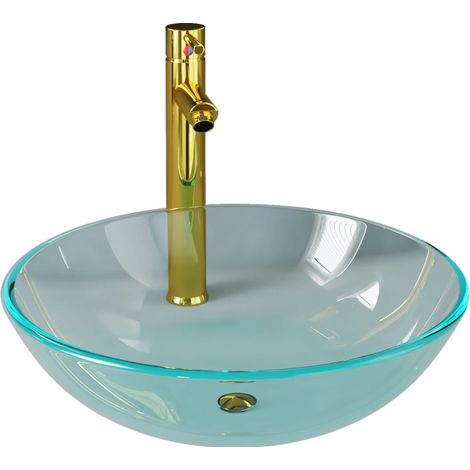 Vasque à poser Lavabo à poser pour salle de bain - avec robinet et drain à poussoir Verre trempé BV413620 - BonneVie