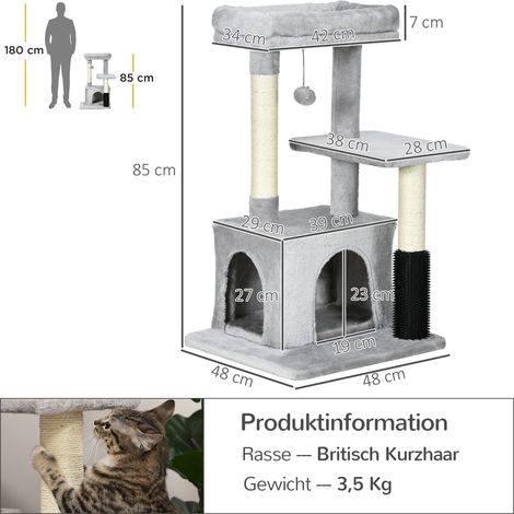 Arbre à chat gris clair avec panier amovible lavable, litière intégrée et jouets suspendus, 48x48x85 cm, coin toilette pour félin, mobilier griffoir moderne. (1/5)