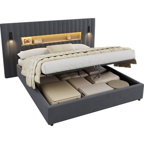 Lit coffre 180x200 cm en velours gris foncé avec LED, tête de lit avec rangement réglable, liseuse ajustable et 2 ports USB, cadre hydraulique moderne pour chambre – CHICFURN (1/5)