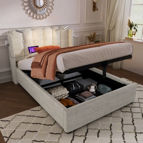 FLORAGRACE Lit coffre 90x200 cm en lin beige avec tête de lit, liseuse, 2 ports USB, sommier à lattes relevable (1/5)