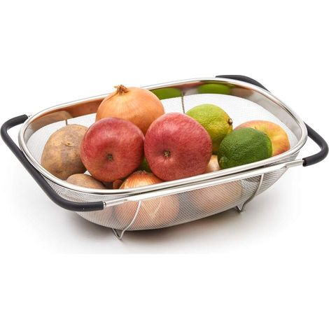 Sieb aus Edelstahl für die Spüle, großes Küchenkorbsieb mit ausziehbaren Griffen, ideal zum Waschen, Spülen von Obst, Gemüse, Reis, Abtropfen von Nudeln