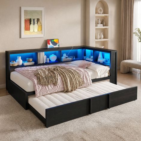 Cama nido 90x200 cm de metal negro con almacenaje para dormitorio, sin colchón FloraGrace (1/5)