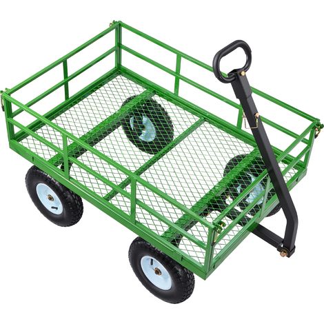 Mophorn Chariot de jardin en acier 544 kg, robuste et polyvalent, noir et vert. Fonction 2 en 1 : remorque ou tractable, avec 4 pneus tout-terrain de 33 cm, côtés amovibles et poignée pivotante à 180° (1/5)