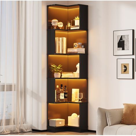 Librería esquinera 63,5 x 45 x 175 cm LED, 5 niveles, negro OKMYHOME (1/5)