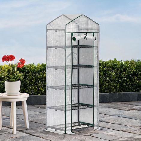 Serre en acier avec étagères et porte enroulable blanc (1/5)
