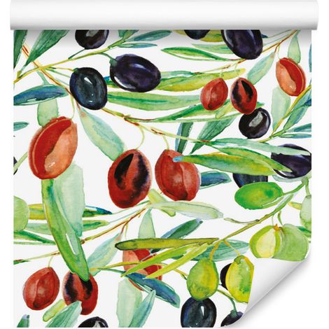 Papel pintado con estampado de hojas frutales y verde para salón y dormitorio, 50x1000 cm. (1/5)