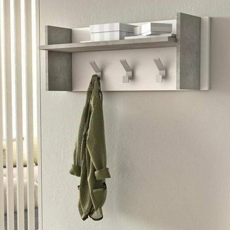 Dmora - Eingangsmöbel Dkornvi, Garderobenständer mit 3 Haken, Regal zur Aufbewahrung im Flur, 100% Made in Italy, 90x29h34 cm, Weiß und Beton (1/5)
