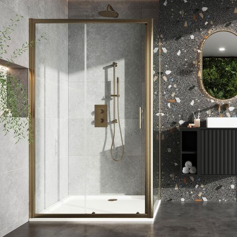 Orbit S6 Brushed Brass Sliding Shower Door 1000mm Wide - 6mm Glass (1/2)