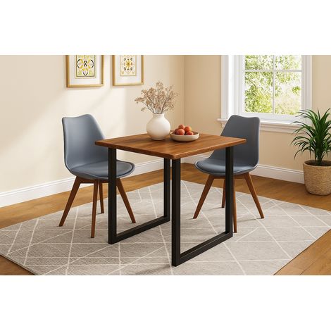 Essgruppe Baumkante massiv 90 x 90 cm Akazie nussbaumfarben U-Gestell schwarz & 2 Stühle grau QUINN (1/5)