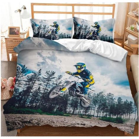 Parure de lit de moto 3D avec housse de couette de moto et taie d'oreiller pour adolescents sports extrêmes 90x190 cm,bleu - T4U (1/3)