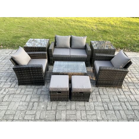 Fimous 6 Seater Dark Grey Outdoor Rattan Garden Furniture Set Patio Lounge Sofa Rectangular Coffee Table with 2 Side Table 2 Small Footstools (1/5)