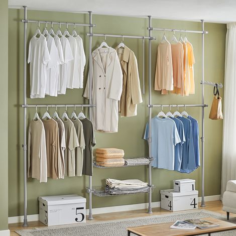 SoBuy Teleskopischer Kleiderständer – Einstellbarer offener Kleiderschrank mit Stangen und Ablagen, Mantelhalter für Schlafzimmer oder Ankleidezimmer, Grau, KLS04-II-HG