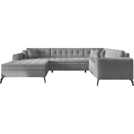 Canapé panoramique convertible BONTY velours matelassé-Gris clair-Méridienne A gauche (1/5)