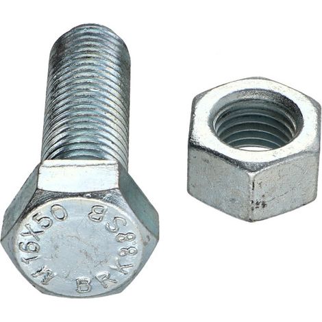 Boulon (vendu avec Ecrou) Tête hexagonale TH M16X50 Classe 8.8 SB Acier zingué Rouille-50 pièces (1/2)