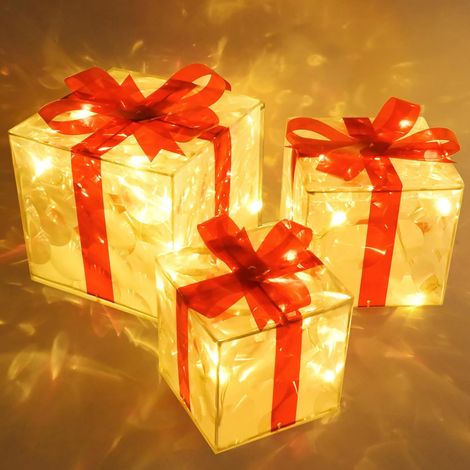 Boite Cadeau LED, Lot de 3 Boîtes à Cadeaux Lumineuses de Noël avec 60 LEDs, Lumières de Décoration de Noël, Décoration Intérieur pour Noël, Avent, Hiver, Sapin de Noël, Fête (PVC) (1/5)