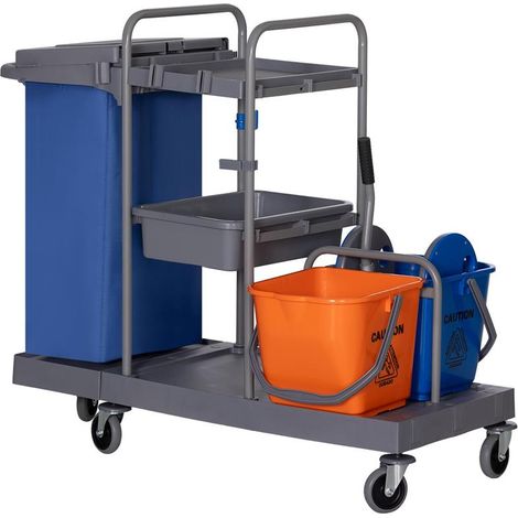 CARRELLO PULIZIE A 3 RIPIANI CON SACCO PER IMMONDIZIA E STRIZZATORE. 111X63.3X103 CM. GRIGIO BLU E ARANCIONE (1/5)