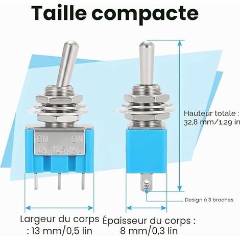 MTS-103 Mini Rocker Switch Blue 3 Pin 3 Position ON-OFF-ON AC 125V 6A 250V 3A Switch Lever for Dashboard Auto Boat Electrical Appliances DIY Electronics (1/2)