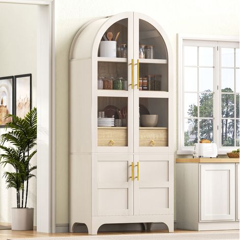 Credenza alta 76x40x180 cm, con cassetto grande, ripiani regolabili, vetro rigato, MDF e vetro, bianco (1/5)
