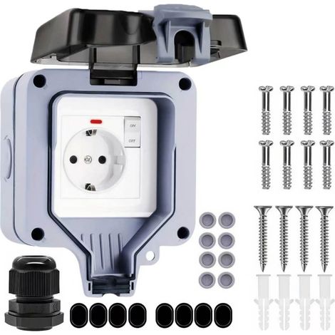 IP66 Wasserdichte Außensteckdose mit Schalter und LED-Anzeigeleuchte, wetterfest, für Garten, Terrasse und Feuchträume, Grau (1/5)