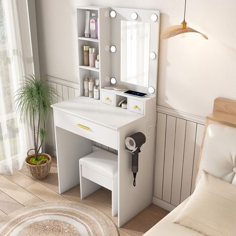 Coiffeuse blanche avec miroir LED réglable, prise, support sèche-cheveux et tabouret (1/5)