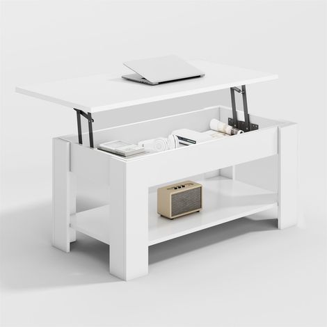 Lift-Top Coffee Table with Hidden Storage & Open Shelf CARTER WHITE