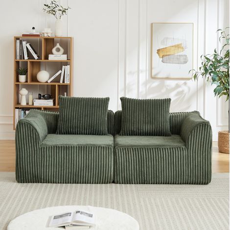 Divano modulare in velluto a coste verde con imbottitura in schiuma, design curvo, senza montaggio (1/5)