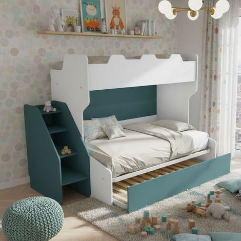 Letto a castello 3 posti con terzo letto estraibile e scaletta contenitore - Una piazza e mezza - Bianco e Petrolio (1/5)
