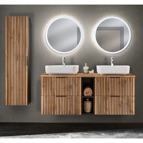 Badezimmer Set mit Hochschrank, Doppelwaschtisch mit Regal 141 cm XANTEN-56 in anthrazit mit Eiche Nb. Rillen schwarz, B/H/T: ca. 191/200/46,5 cm (1/5)