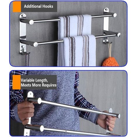 Porte-serviettes mural extensible 50–90 cm, acier inoxydable chromé, avec crochet, salle de bain (1/4)