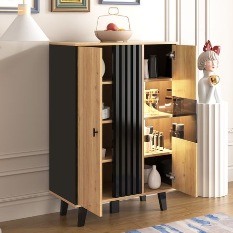 Buffet vitrine lumineux LED, meuble de rangement en stratifié, style noir et bois, motif rayé noir unique, combinaison de couleurs élégante, nouveau modèle. (1/5)