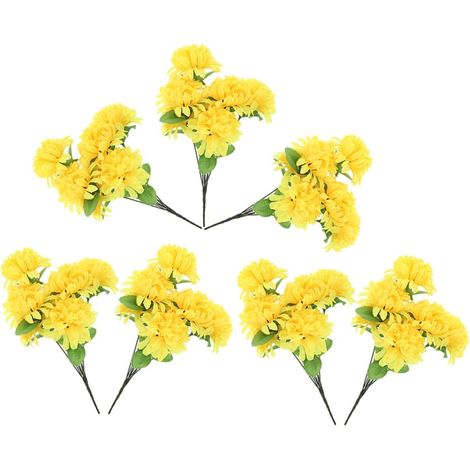 Bouquet de Chrysanthèmes Artificiels Tissu Jaune et Plastique 7 Pièces Décoration Solide pour Cimetière pour Tombeaux Lors des Activités de Qingming