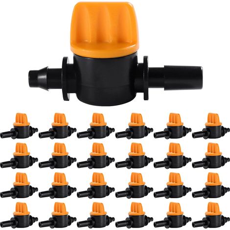 25 Stück 4/7-Bewässerungsventile, Mini-Steuerventile für 4/7-mm-Gartenschläuche, Mini-Wasserschlauch-Kreuzventile, 1/4-Zoll-Rippenabsperrventile für Tropfbewässerungsschläuche