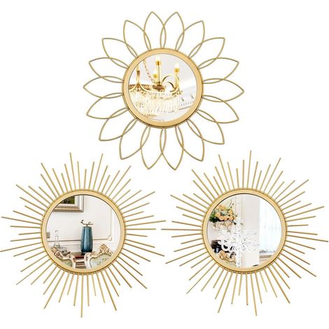 Lot de 3 miroirs dorés pour Mur en métal Effet Soleil - Décoration Murale à Suspendre pour Salon, Chambre à Coucher, entrée