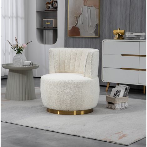 Silla giratoria 360°, tapizado Teddy, respaldo envolvente, estructura de madera y metal, blanco (1/5)