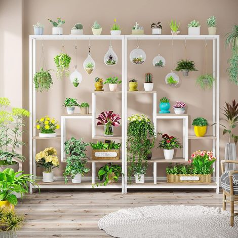 Tribesigns Blumenständer, 5-Tier Pflanzenständer, 180 cm Hoch Metall Pflanzenregal mit 10 S Haken, Blumenregal für Indoor Balkon Boden Blumentreppe Wohzimmer, Weiß und Beige
