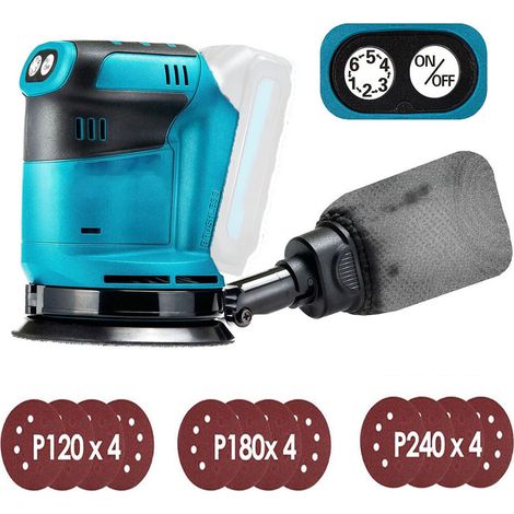 125mm Cordless Electric Orbital Sander, Brushless, 6 Speed, Quick-Fit Dust Bag & 12 Sanding Discs, (No Battery), Compatible with Makita Battery